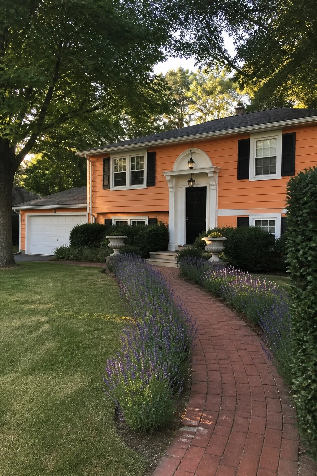 Orange two-story house with black shutters and lavender along a curving brick path.