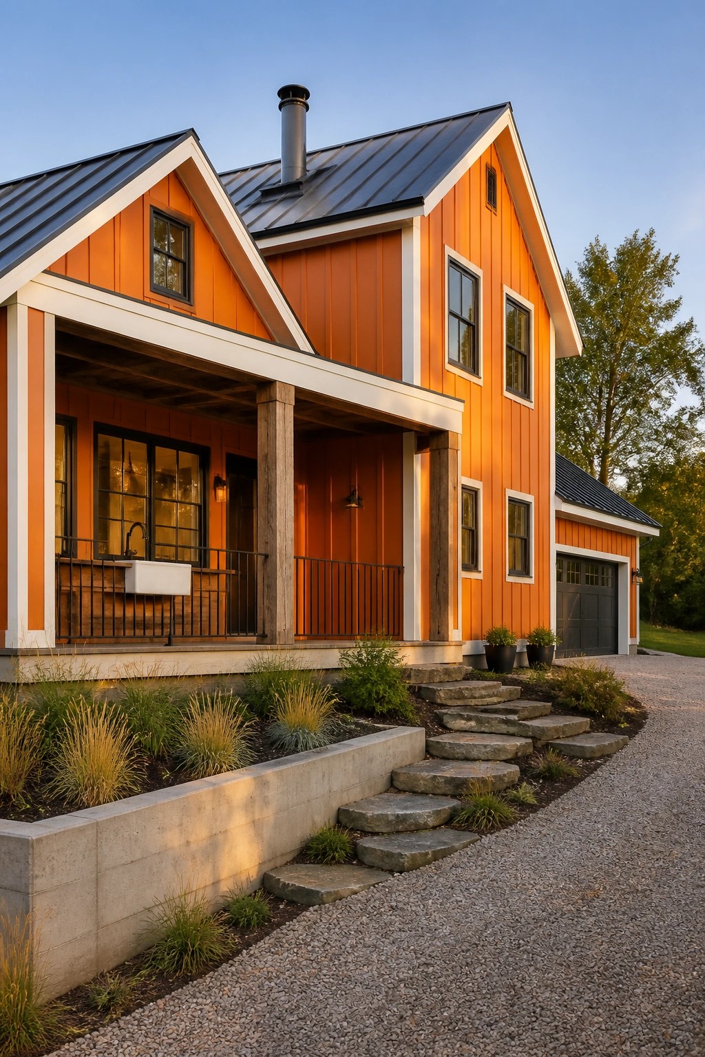 A two-story house with bright orange vertical siding, white trim, black metal roof, covered porch, and stone steps leading to the front door.