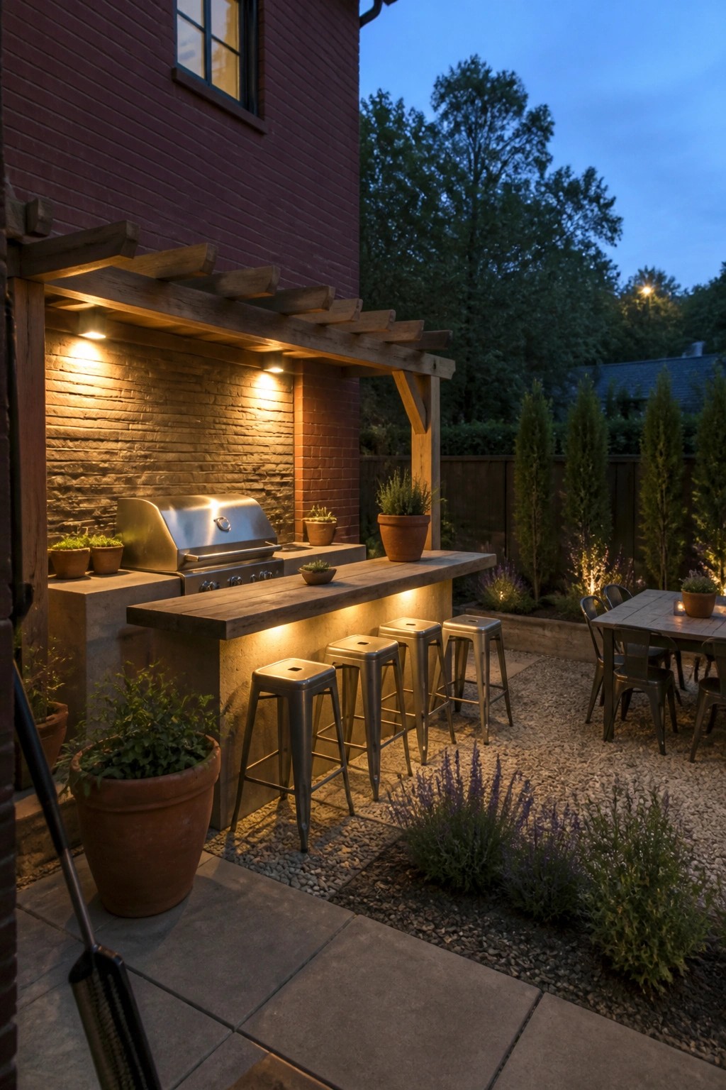Outdoor kitchen counter with built-in grill, wooden bar top, and metal stools set against a maroon brick house wall at dusk.
