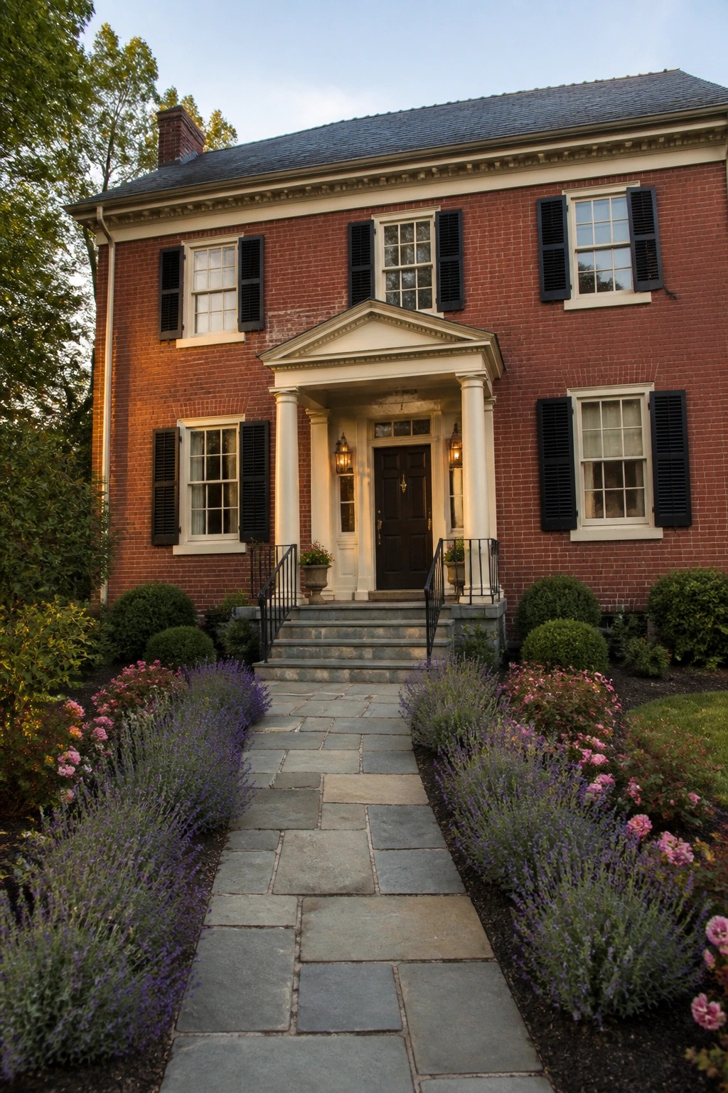 Red brick house with white columned portico, stone path lined with purple flowers.