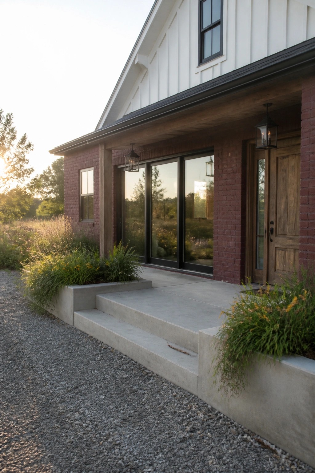 A maroon brick house exterior with white painted siding on the upper gable, black-framed windows, a wooden front door, concrete steps, and integrated planters along the gravel driveway.