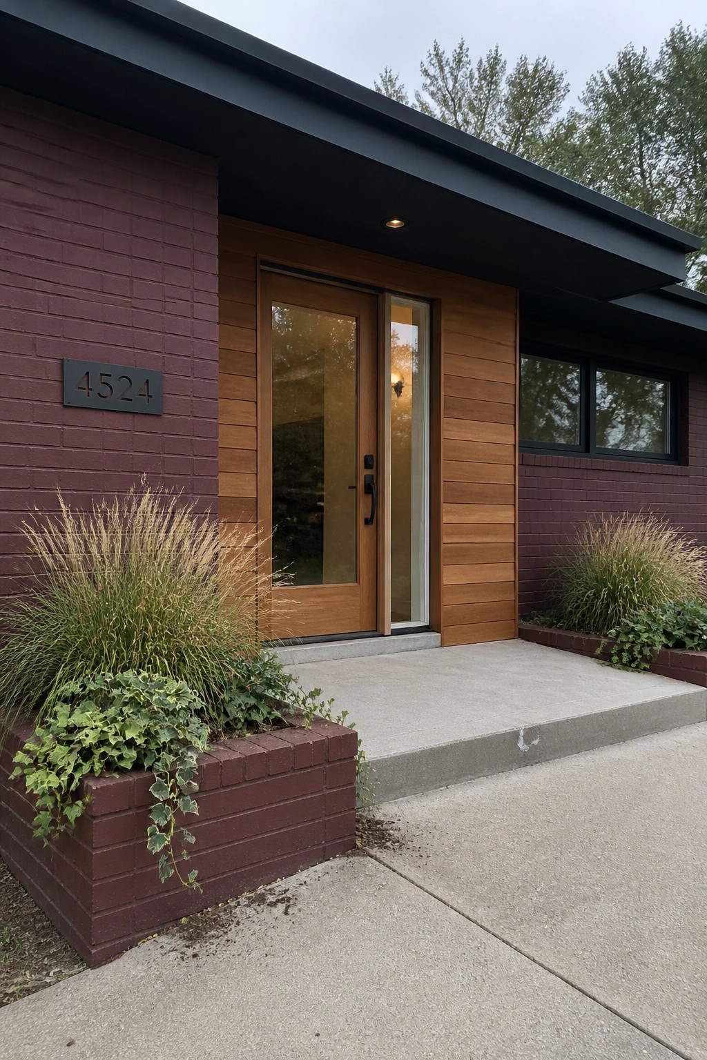 A maroon brick house exterior with wood siding framing the front door, a black metal roof, and a concrete entry porch with brick planters.