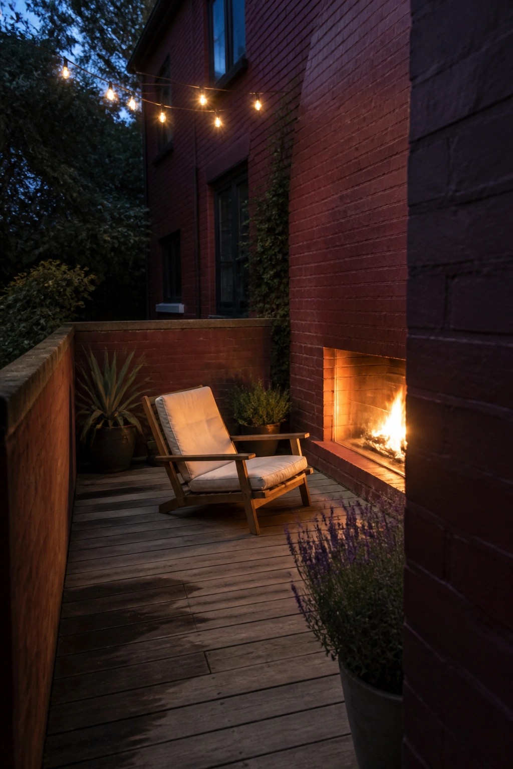 Wooden deck chair beside lit brick fireplace with string lights and potted plants at dusk
