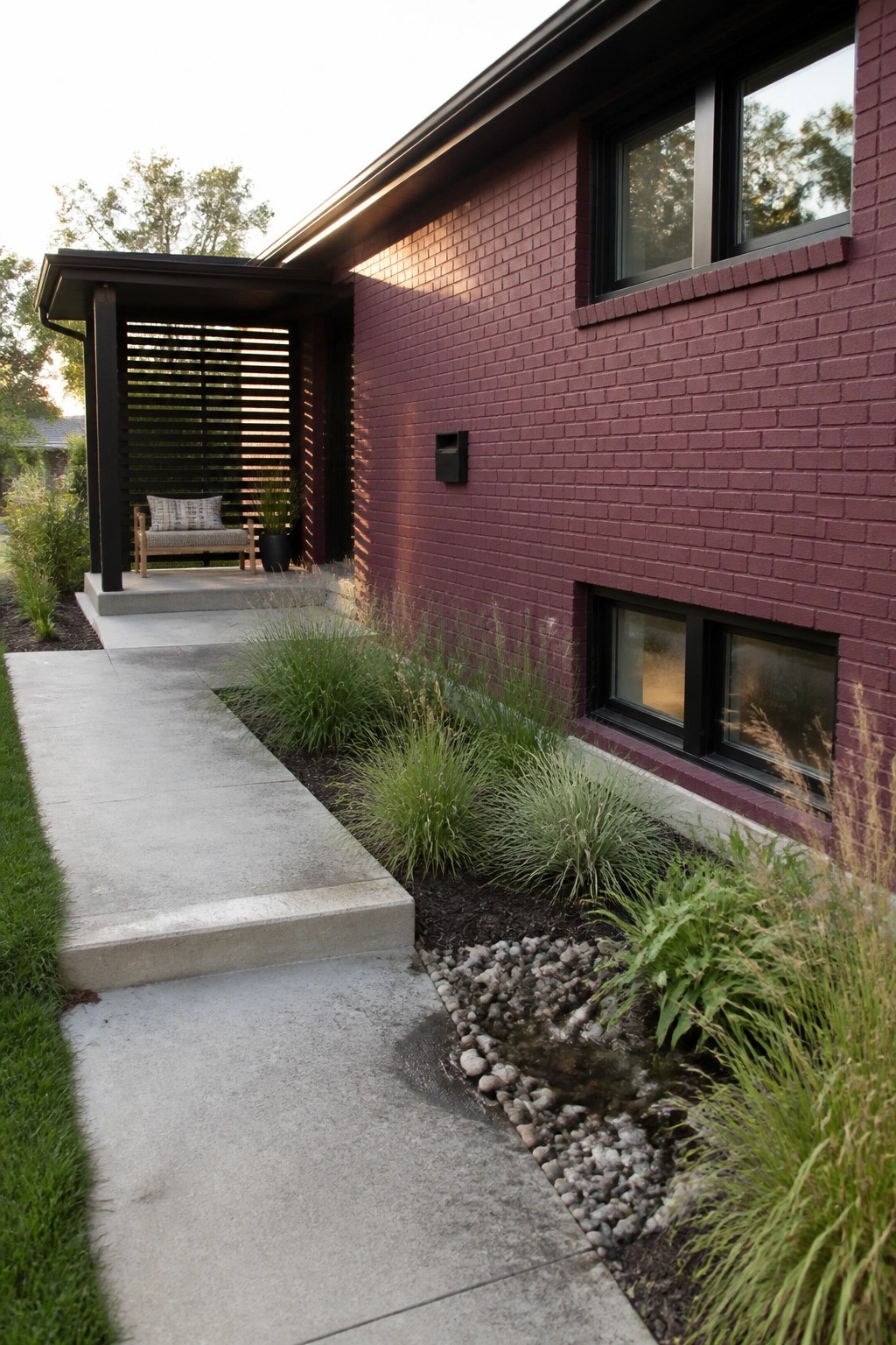 A maroon painted brick house exterior with black window frames, a concrete walkway, and landscaping along the foundation.