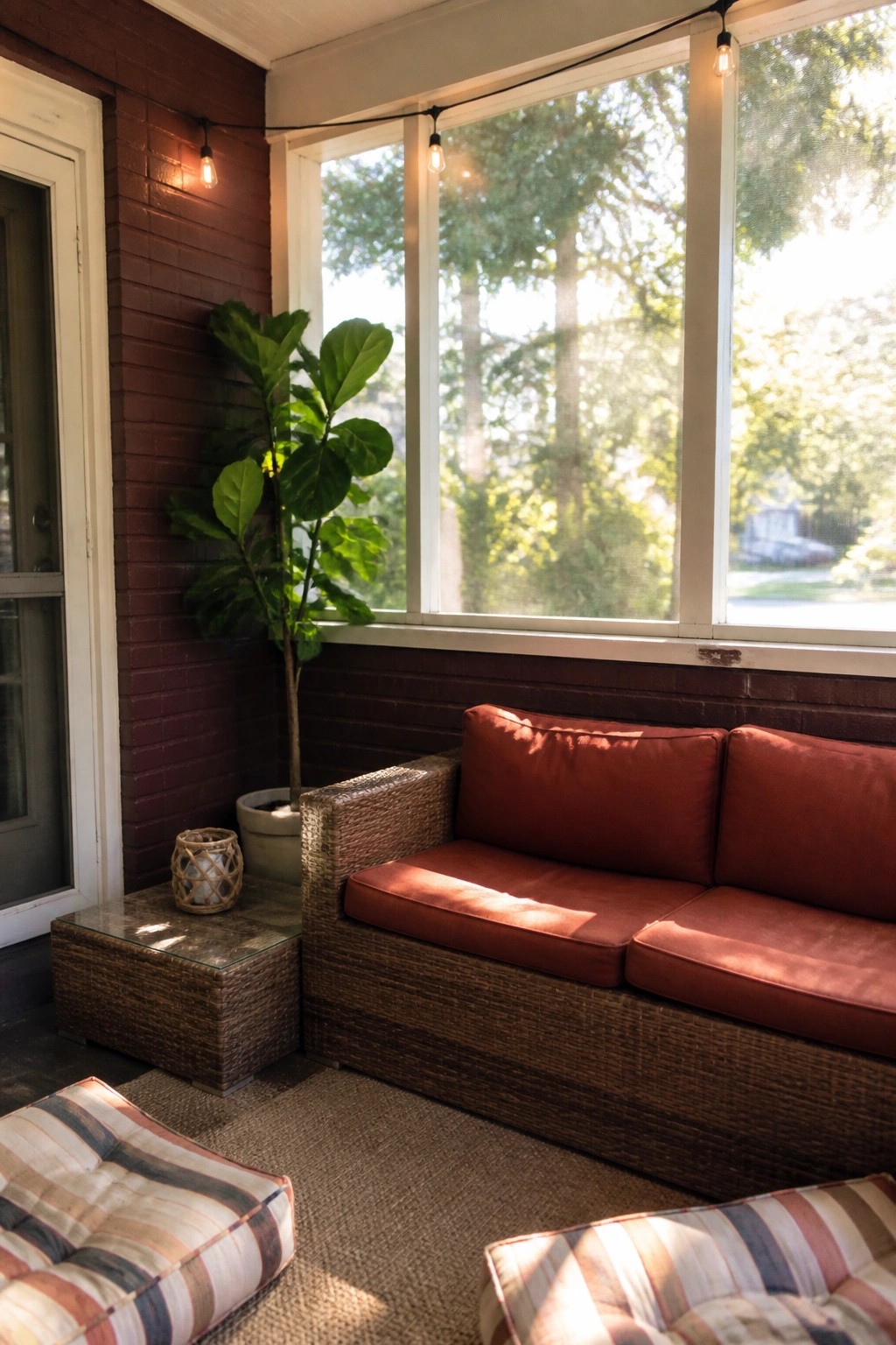 A screened porch corner with a wicker sofa with red cushions, two striped floor cushions, a potted fiddle leaf fig, and string lights along the windows against a maroon brick wall.