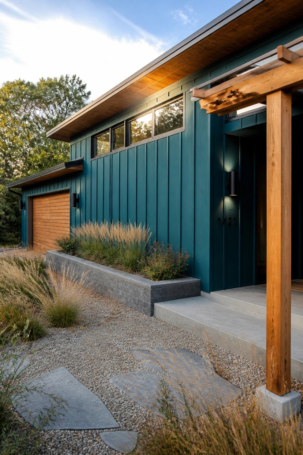 A teal house exterior with vertical siding, a wooden garage door, wooden entry post, concrete steps, and gravel path with stone pavers.