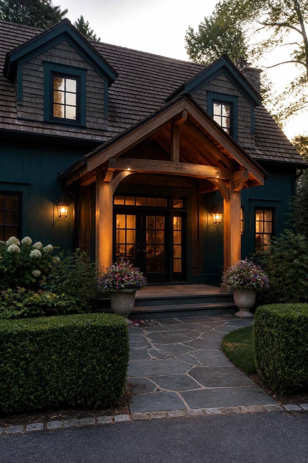 A teal house with a prominent cedar wood gable porch, dark double doors, stone pathway, and two large planters with flowers at dusk.