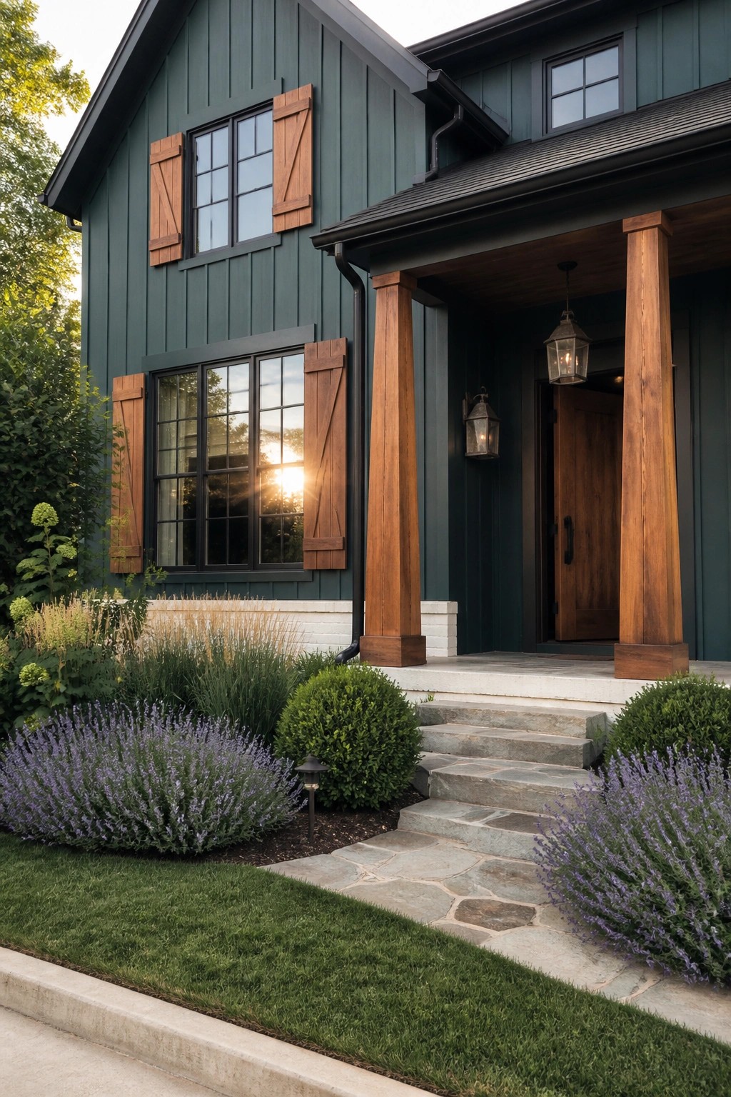 Dark green house with wooden shutters, porch columns, stone steps, and lavender bushes