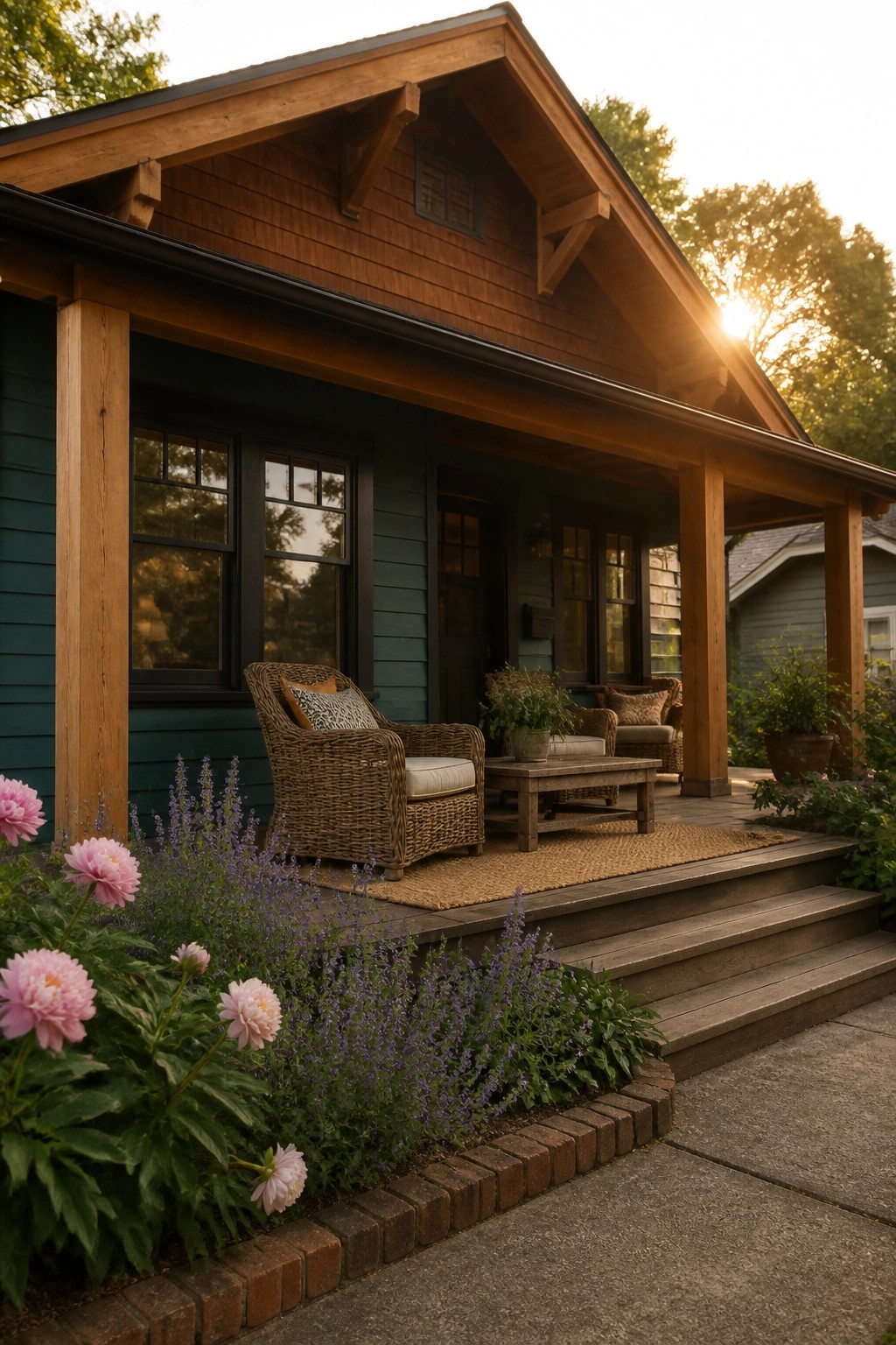 A teal house exterior with natural cedar porch posts, beams, and trim, a woven chair on the deck, and pink flowers along the front.