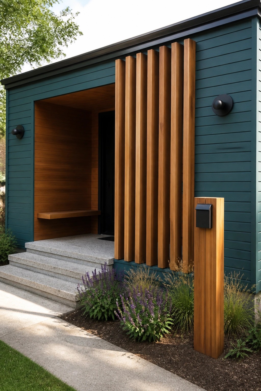 A teal house exterior featuring vertical cedar wood slats beside the entry, with stone steps leading to the door and low purple plants in the front bed.