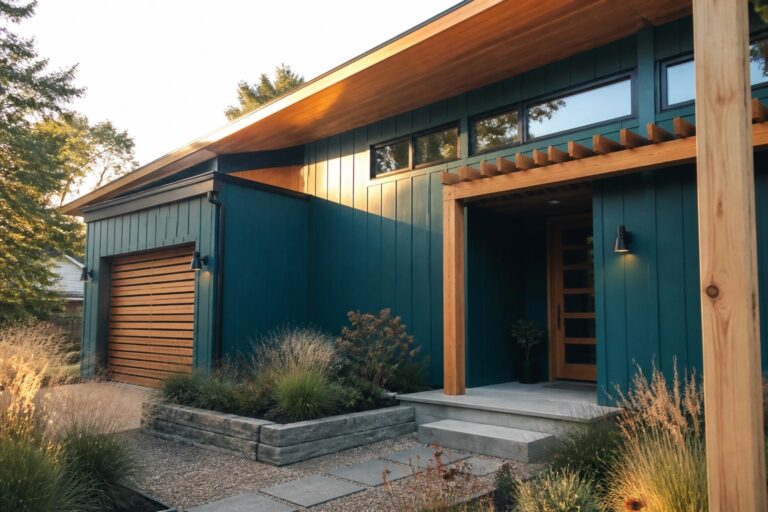 23 Dramatic Jewel-Tone Teal House Exteriors Paired with Natural Cedar Accents A teal house exterior with vertical siding, a wooden garage door, wooden entry post, concrete steps, and gravel path with stone pavers.