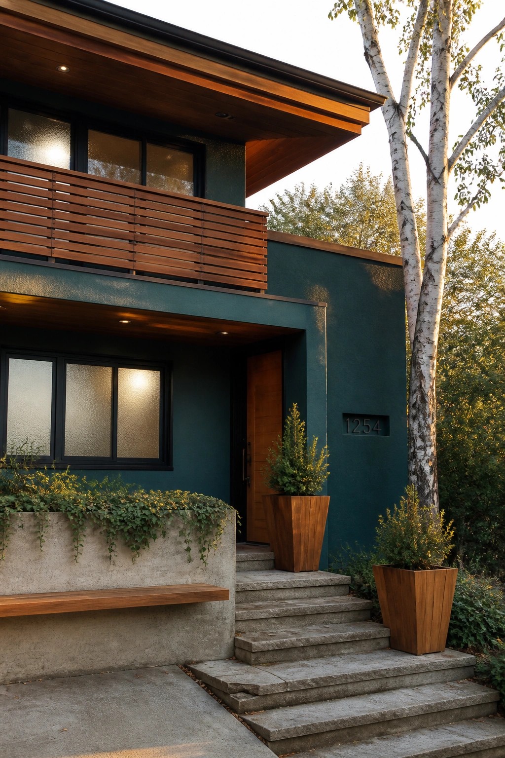 Modern two-story house with teal stucco walls, cedar balcony railing, cedar door, cedar planters, and concrete steps.