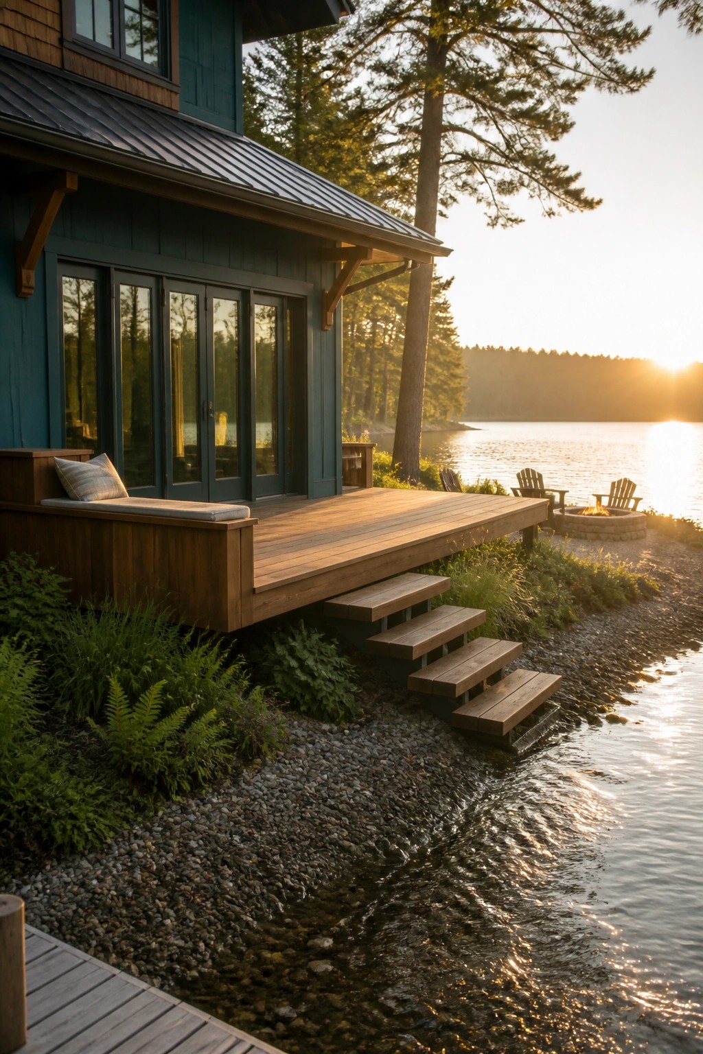 Lakeside wooden cabin with deck, stairs to shore, and fire pit at sunset