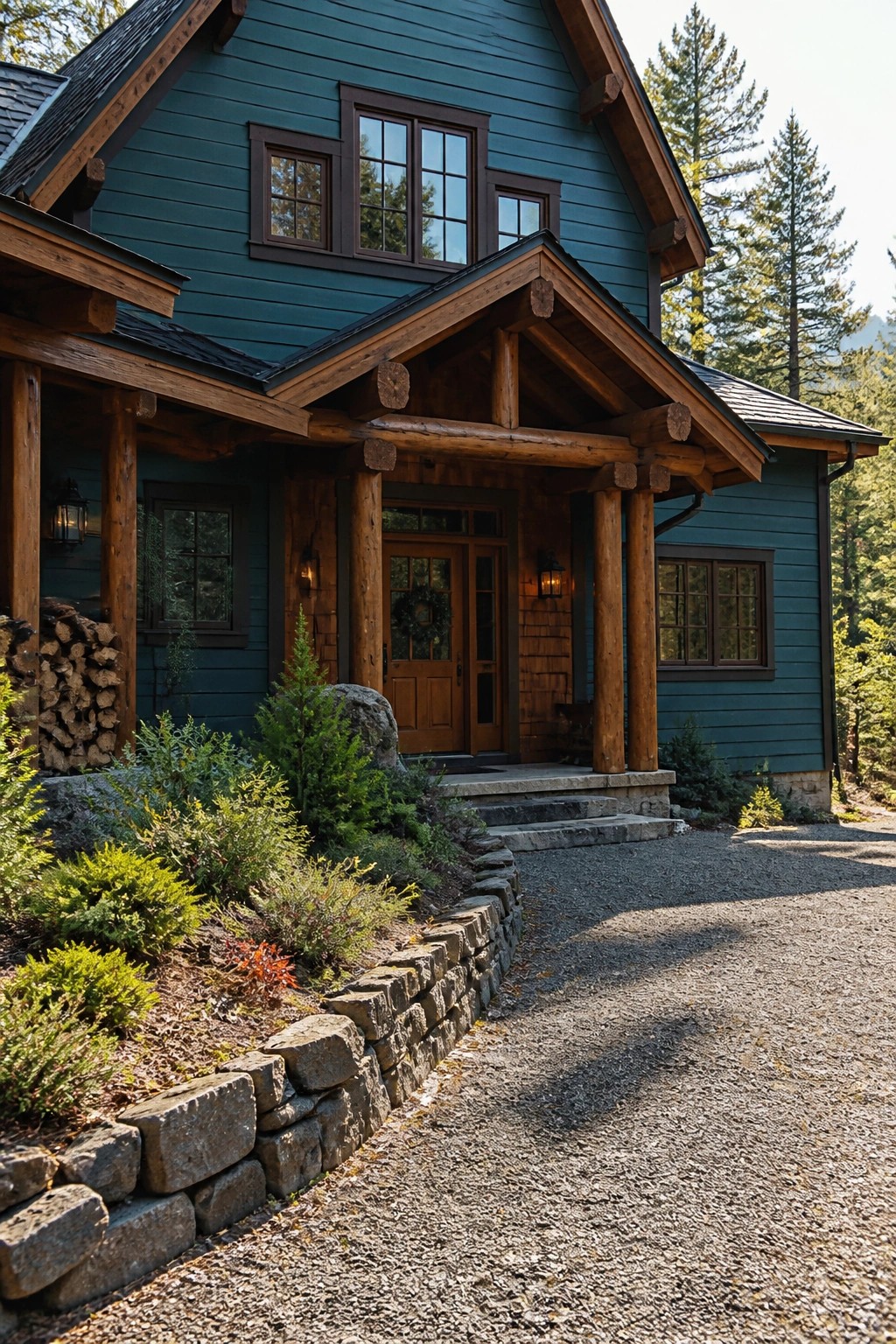 A teal wood-sided house with a covered cedar porch, stone steps, and gravel driveway in a wooded setting.