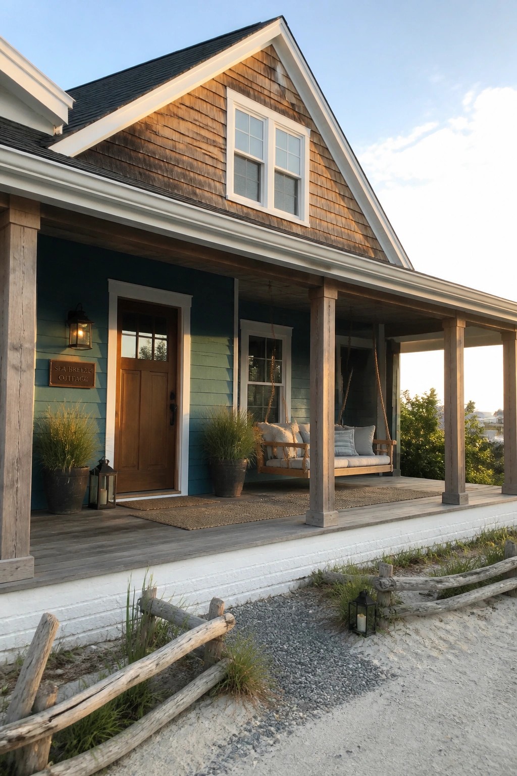 Blue cottage with wooden porch swing, potted plants, and sandy fence area