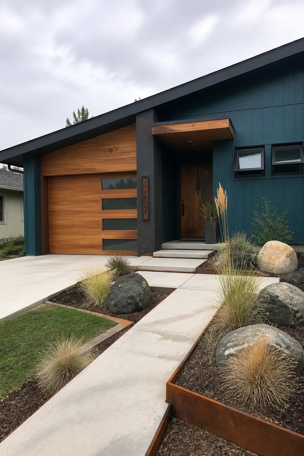 Modern teal house with wood garage door, concrete path, boulders, and native plants.