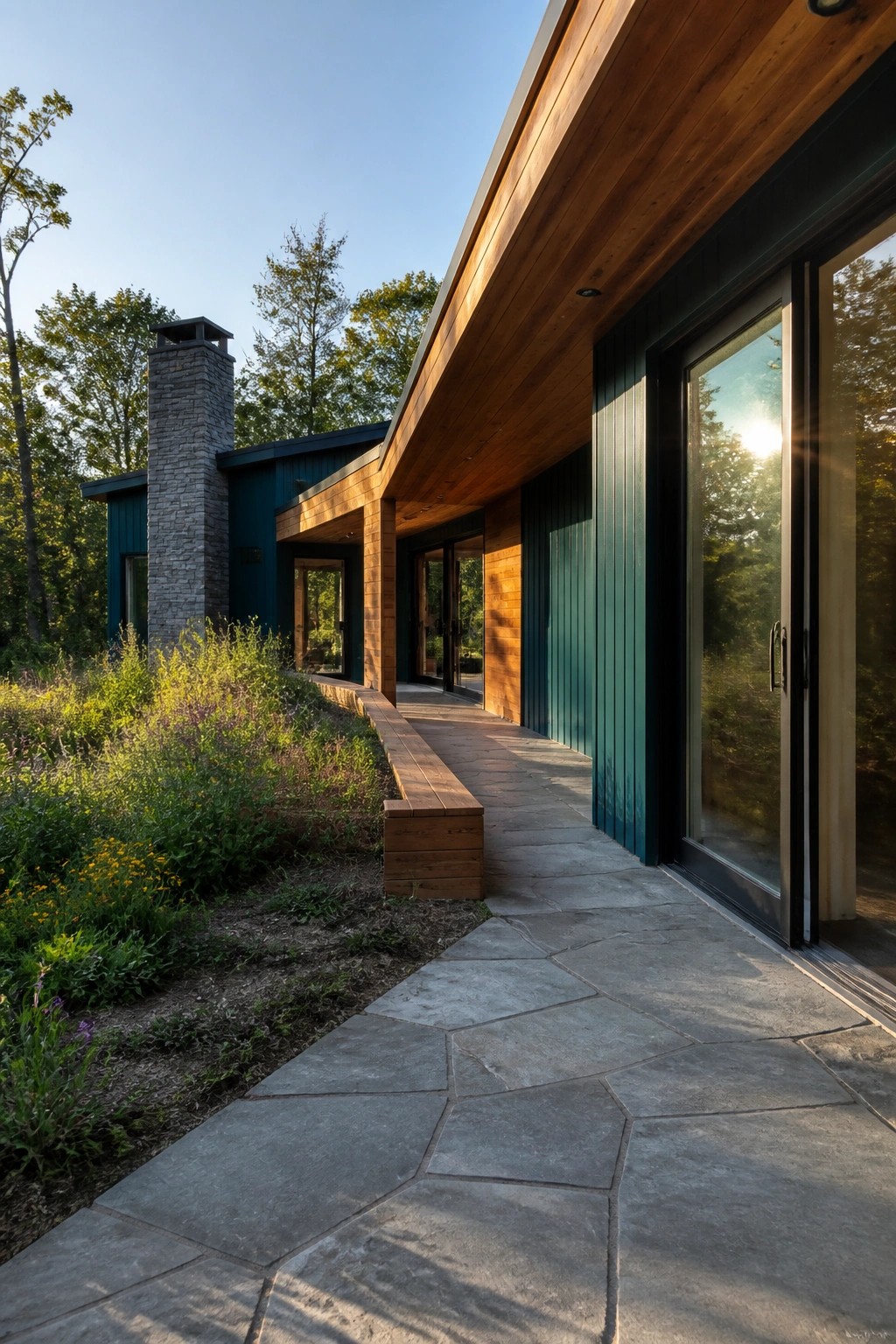A modern house exterior with teal siding, cedar wood accents on the overhang and walls, a stone chimney, and a flagstone path beside large glass sliding doors.