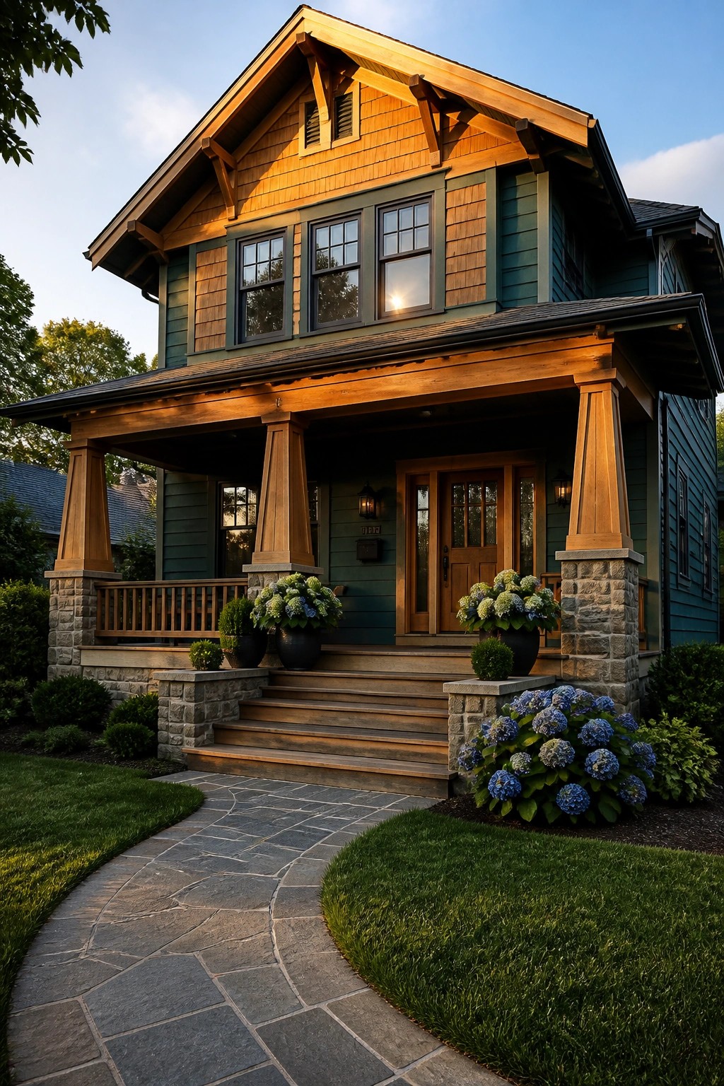 A two-story house with teal wood siding, cedar trim and porch posts, stone foundation, and blue hydrangeas along the front steps.