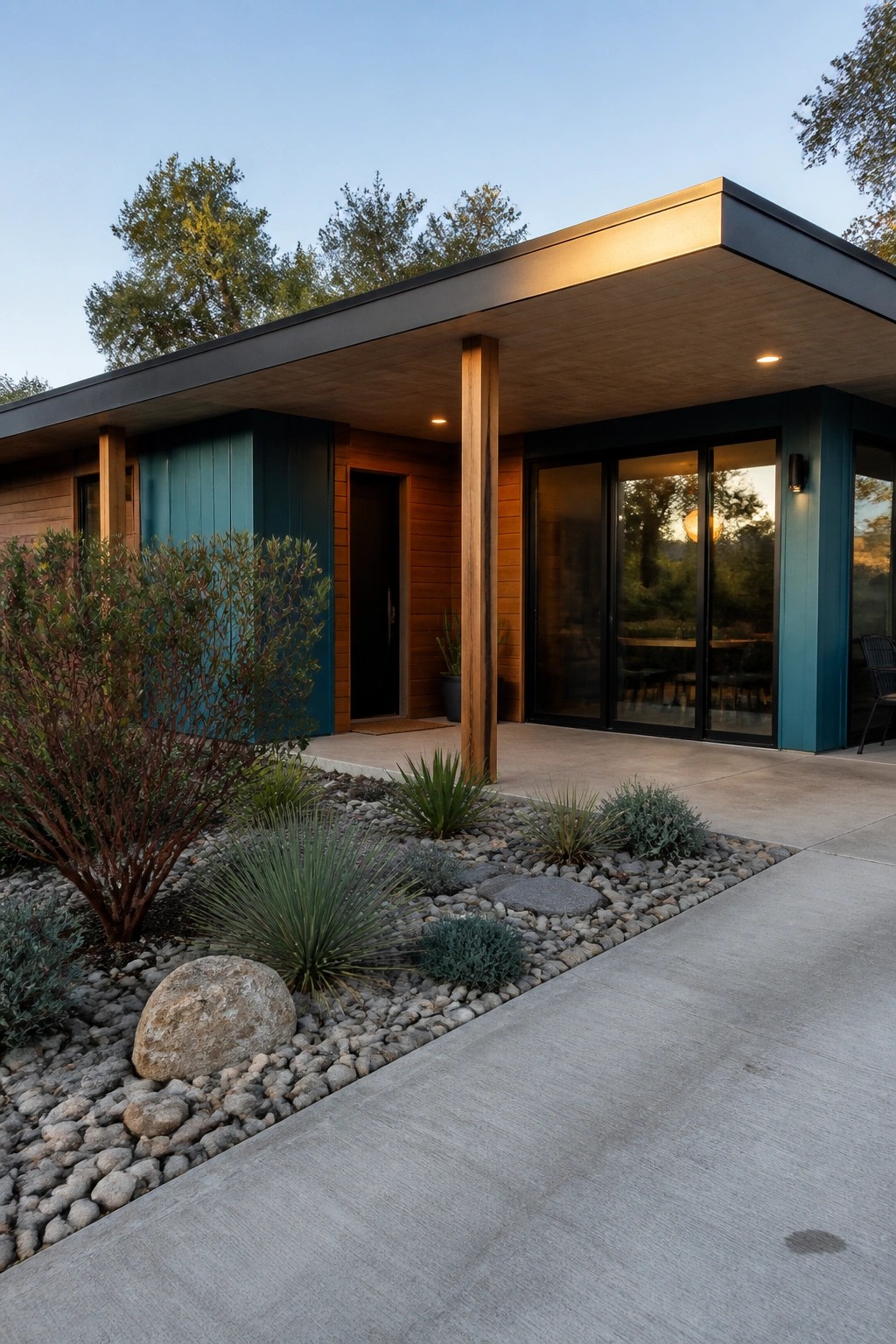 Modern house exterior with teal siding panels and cedar wood accents beside a concrete porch and rock landscaping.