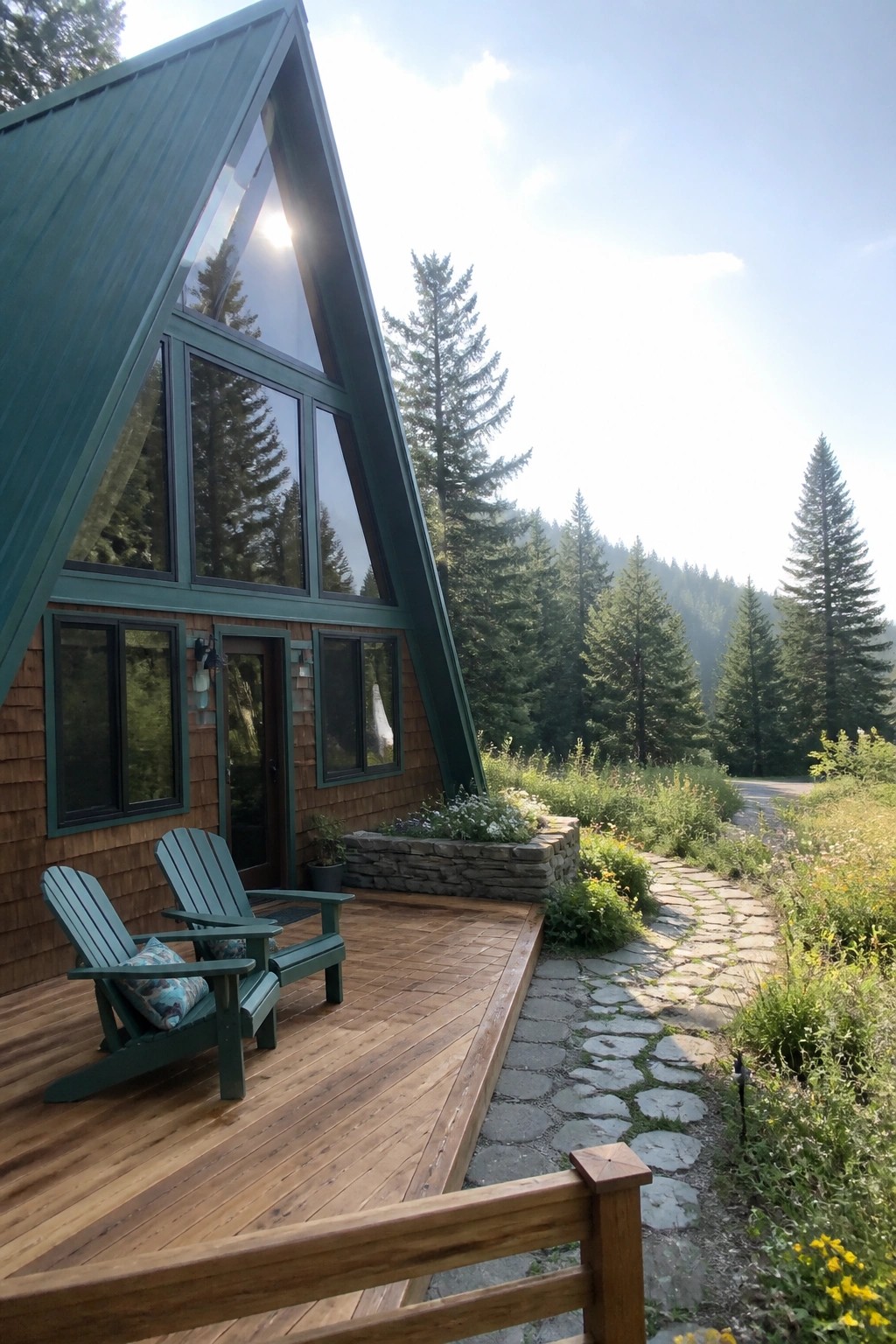 A-frame wooden cabin with green roof, deck chairs, and stone path in forest