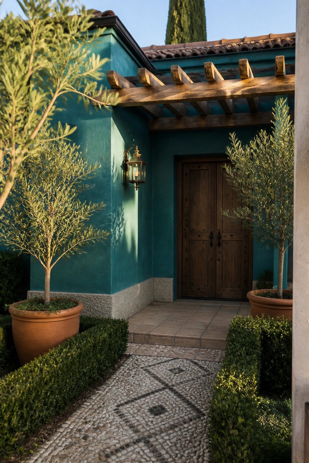 Teal stucco entry with wooden doors, pergola, and potted olive trees on path
