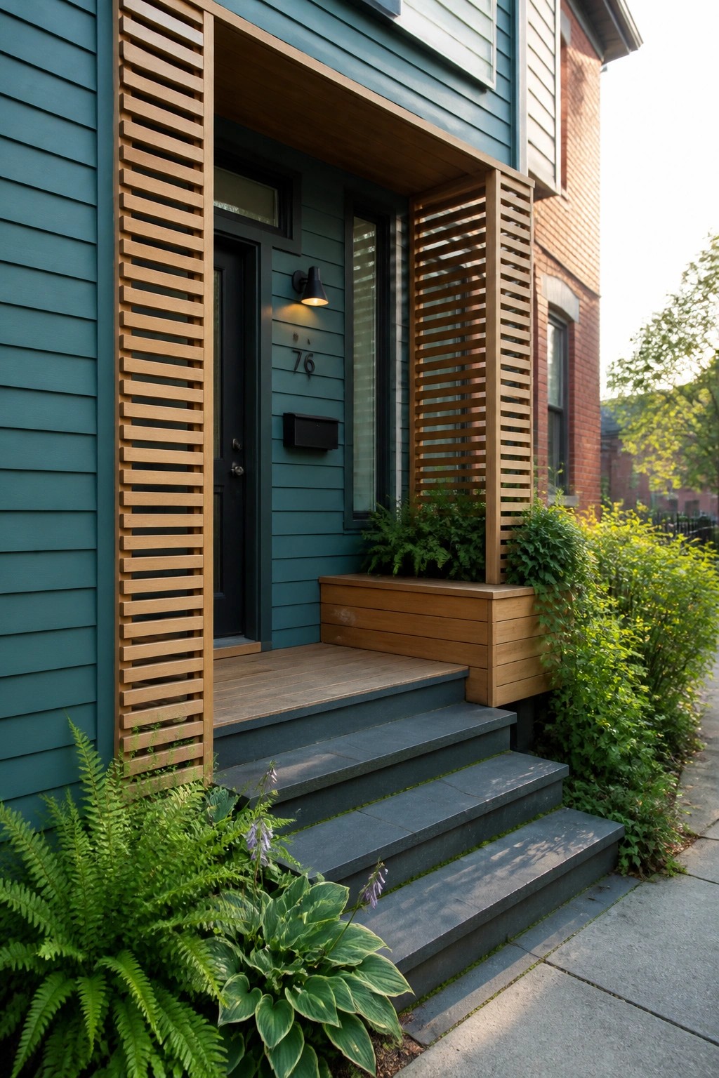 Teal house exterior featuring a black front door, vertical cedar wood slats on both sides of the entry, dark stone steps, and surrounding green plants.