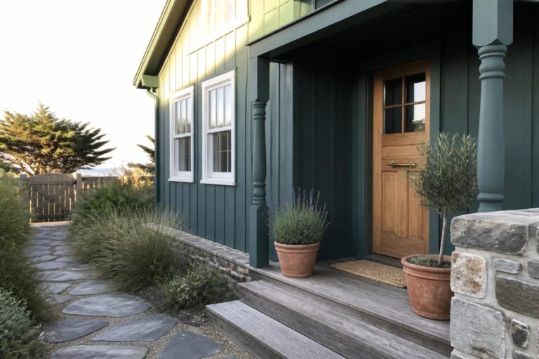 A teal green house exterior with a natural wood front door, wooden steps, two terracotta pots on the landing, and a stone pathway leading to the entrance.
