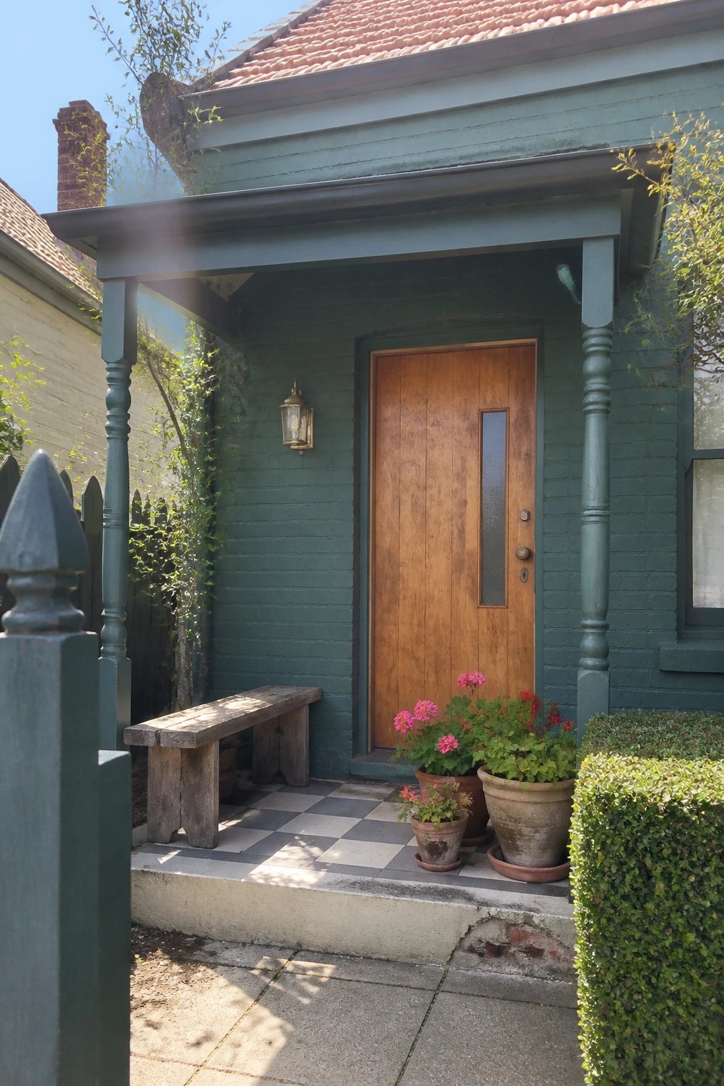 Green house porch with brown door, potted pink flowers, bench on checkered tiles.