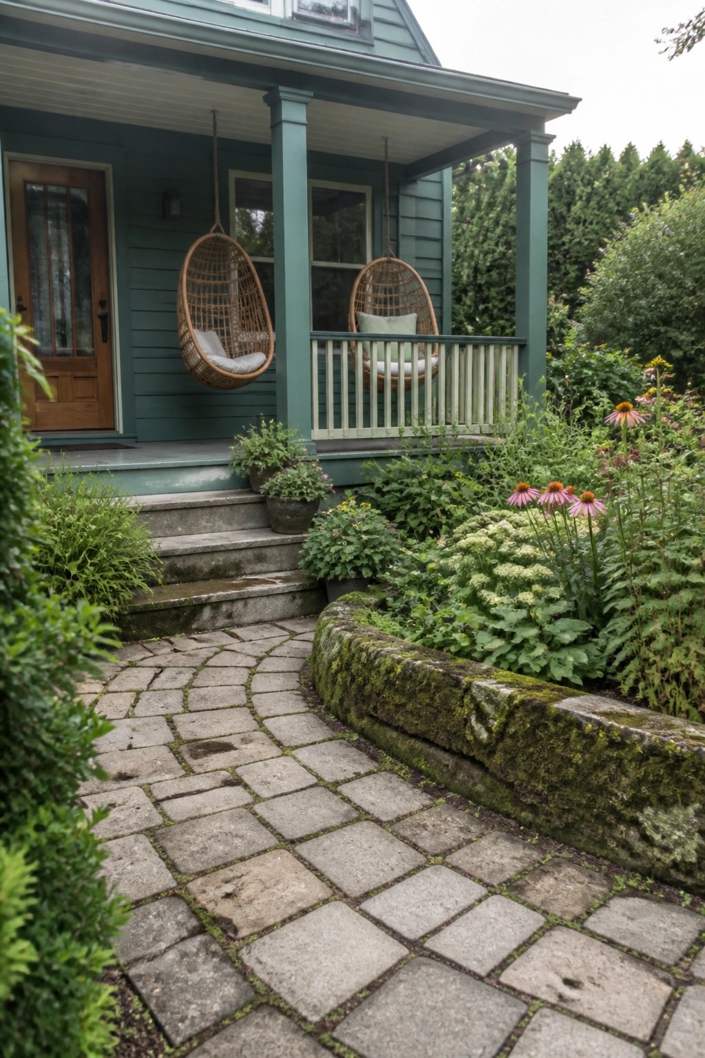 Teal house exterior with a natural wood front door on the left, two hanging wicker chairs on the porch, and a stone path bordered by a mossy stone wall and garden.