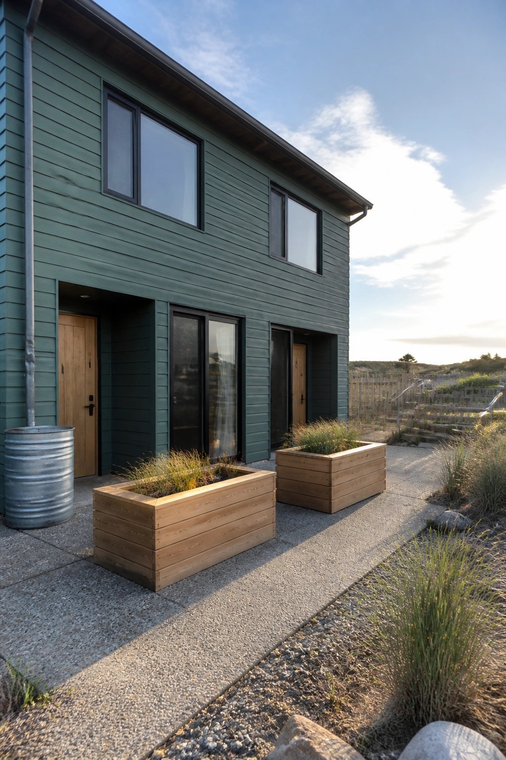 A two-story teal green house with black-framed windows, natural wood front doors, and wooden planters along a concrete walkway.