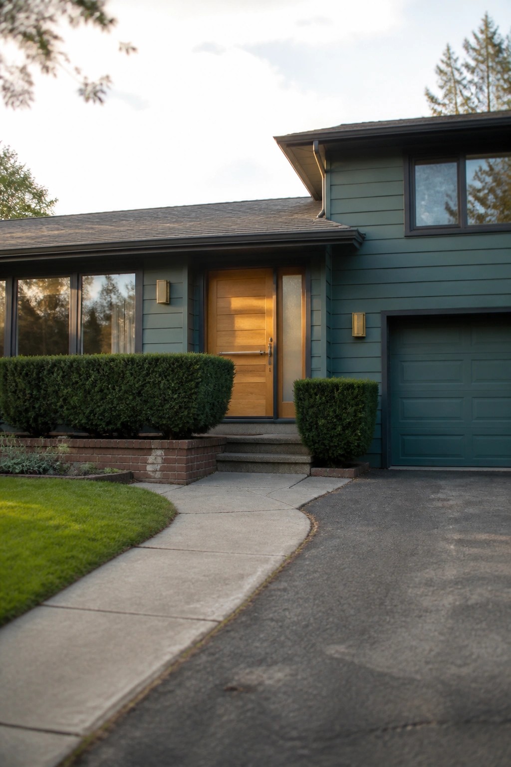 Green house with wooden door, garage, bushes, steps, and concrete driveway