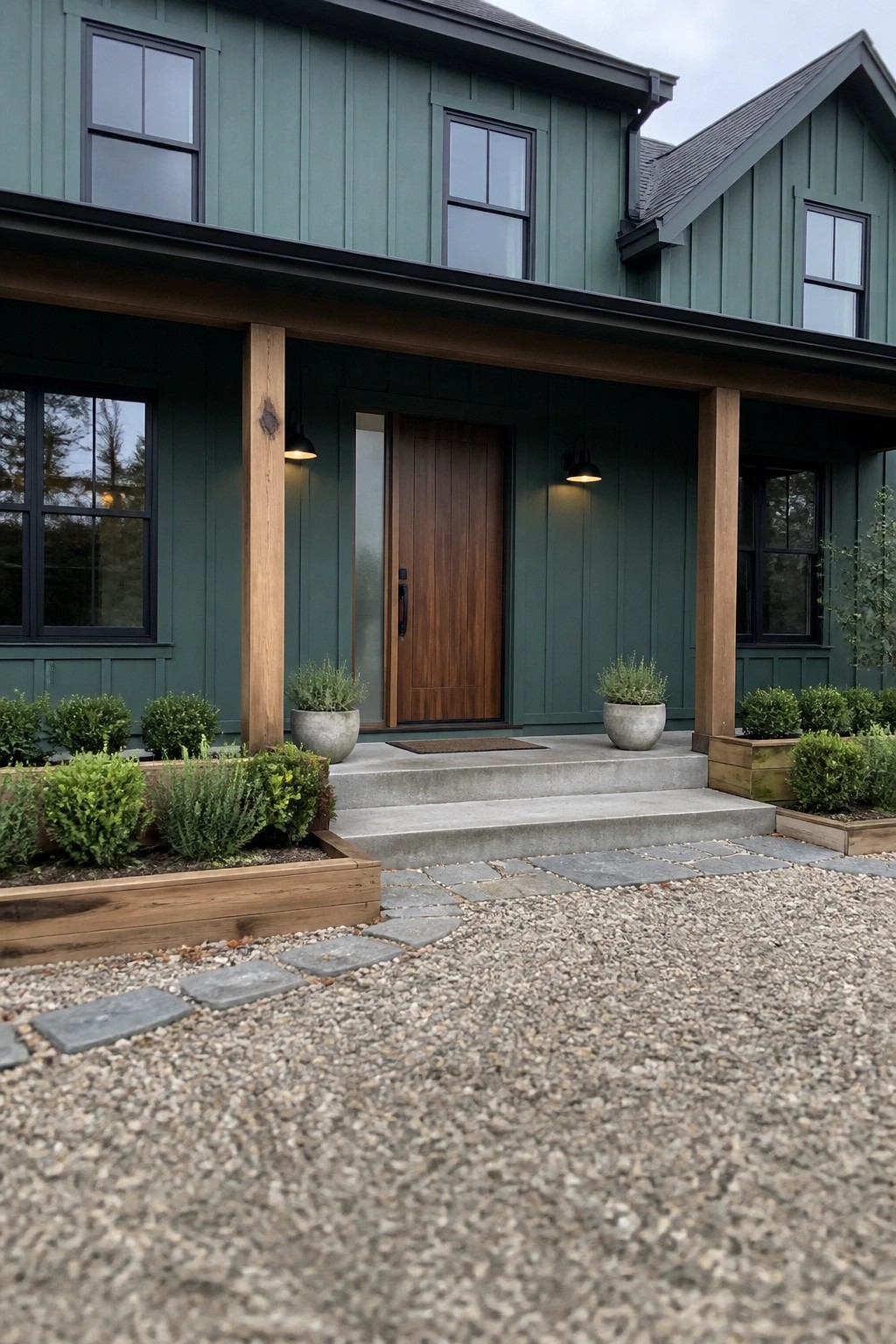 Green modern house with wooden door, concrete steps, potted plants, and gravel path.