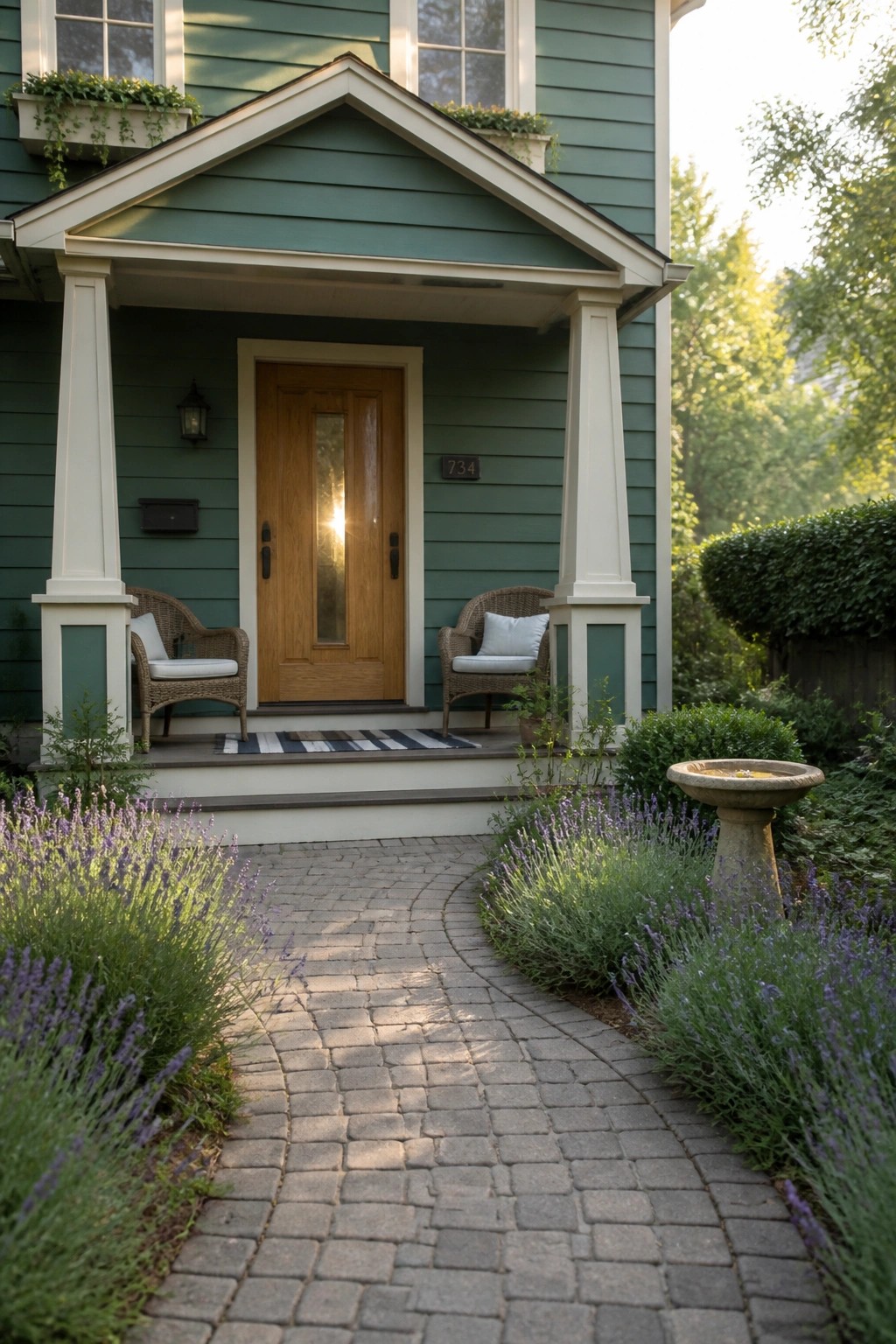 Green house with wooden door, wicker chairs on porch, lavender-lined brick path and birdbath.