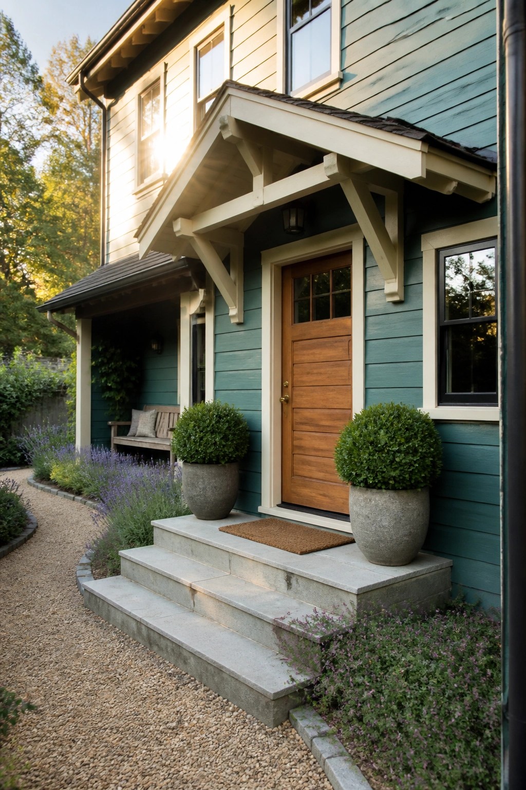 Teal house entrance with wooden door, potted shrubs on concrete steps, gravel path