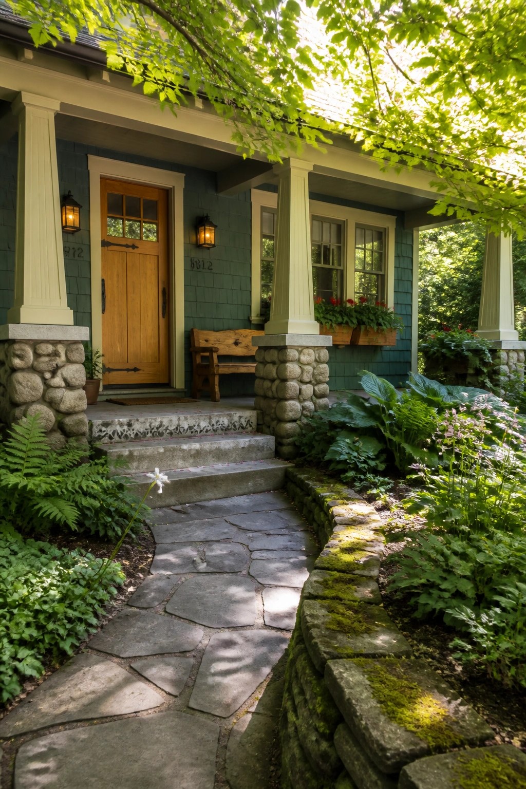 A teal green house with a natural wood front door, stone porch columns, concrete steps, and a flagstone path bordered by garden beds.