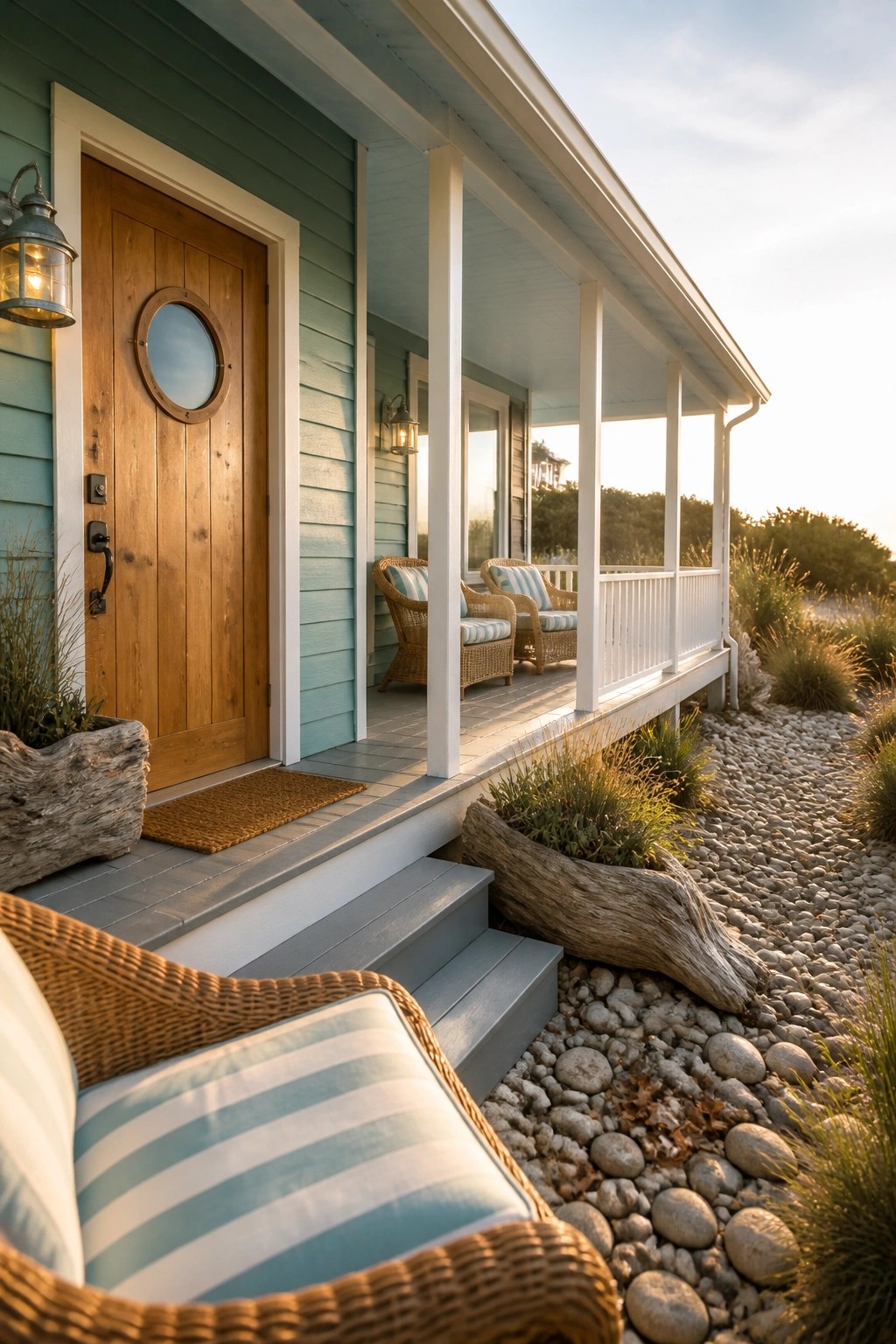 A teal green house with white trim shows a natural wood front door with a round window beside a covered porch with wicker seating.