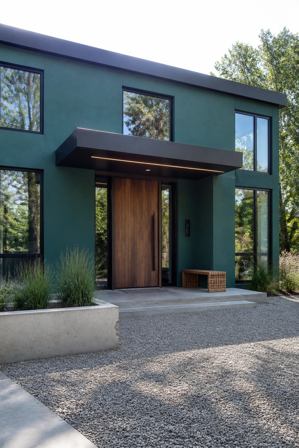 Modern green house with wooden door, dark overhang, large windows, and gravel yard.