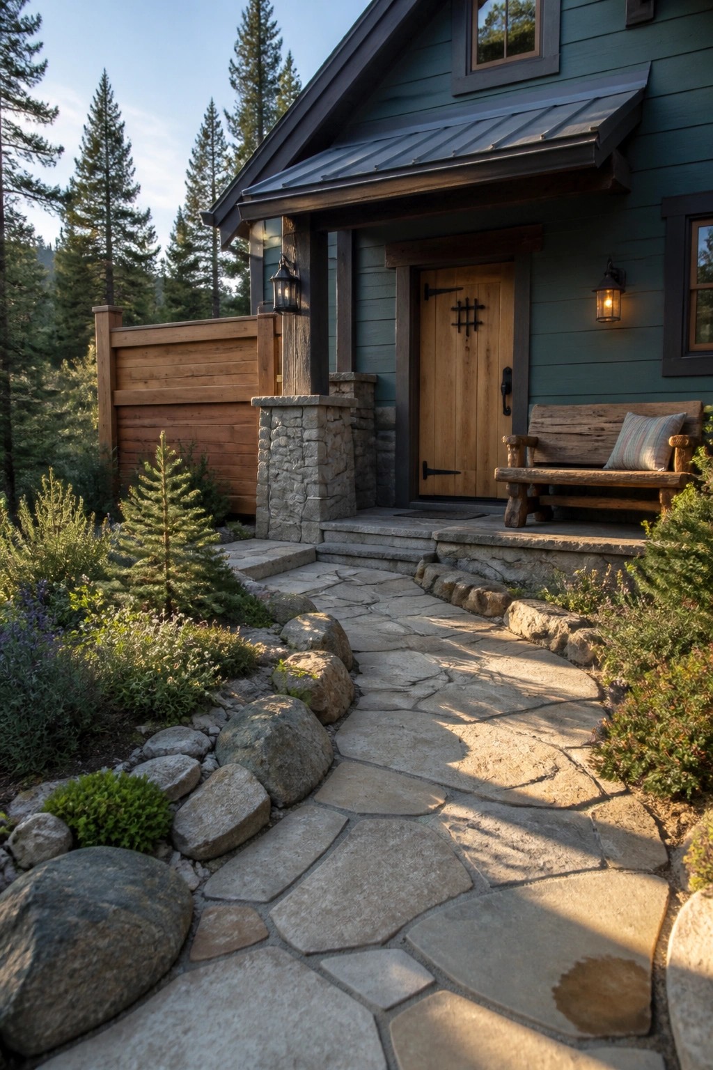 Stone path leads to teal cabin door with wooden bench and lanterns in forest