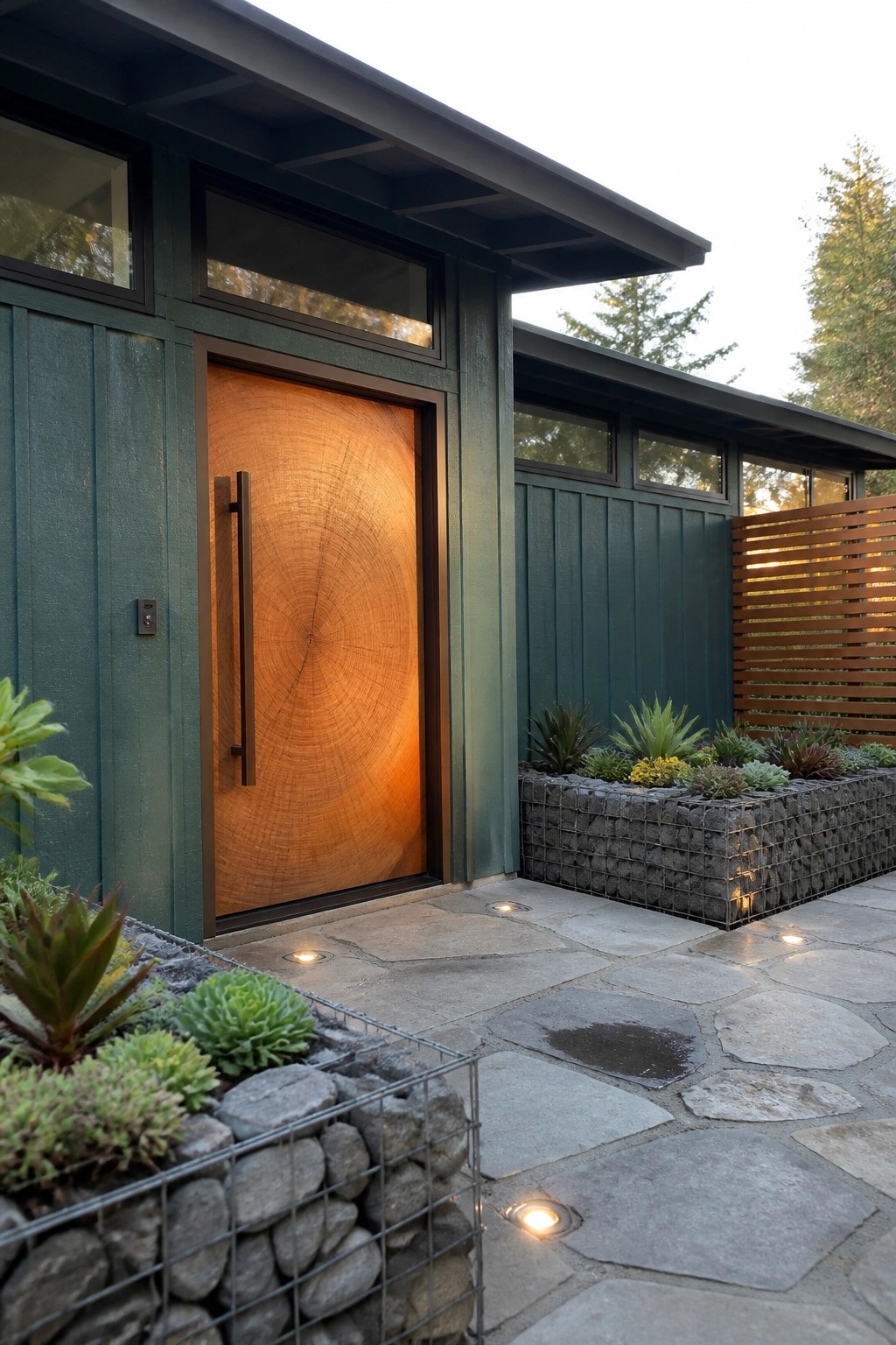 Teal green house exterior featuring a prominent circular wood grain front door, dark window trim, gabion planters with succulents, and a stone pathway.
