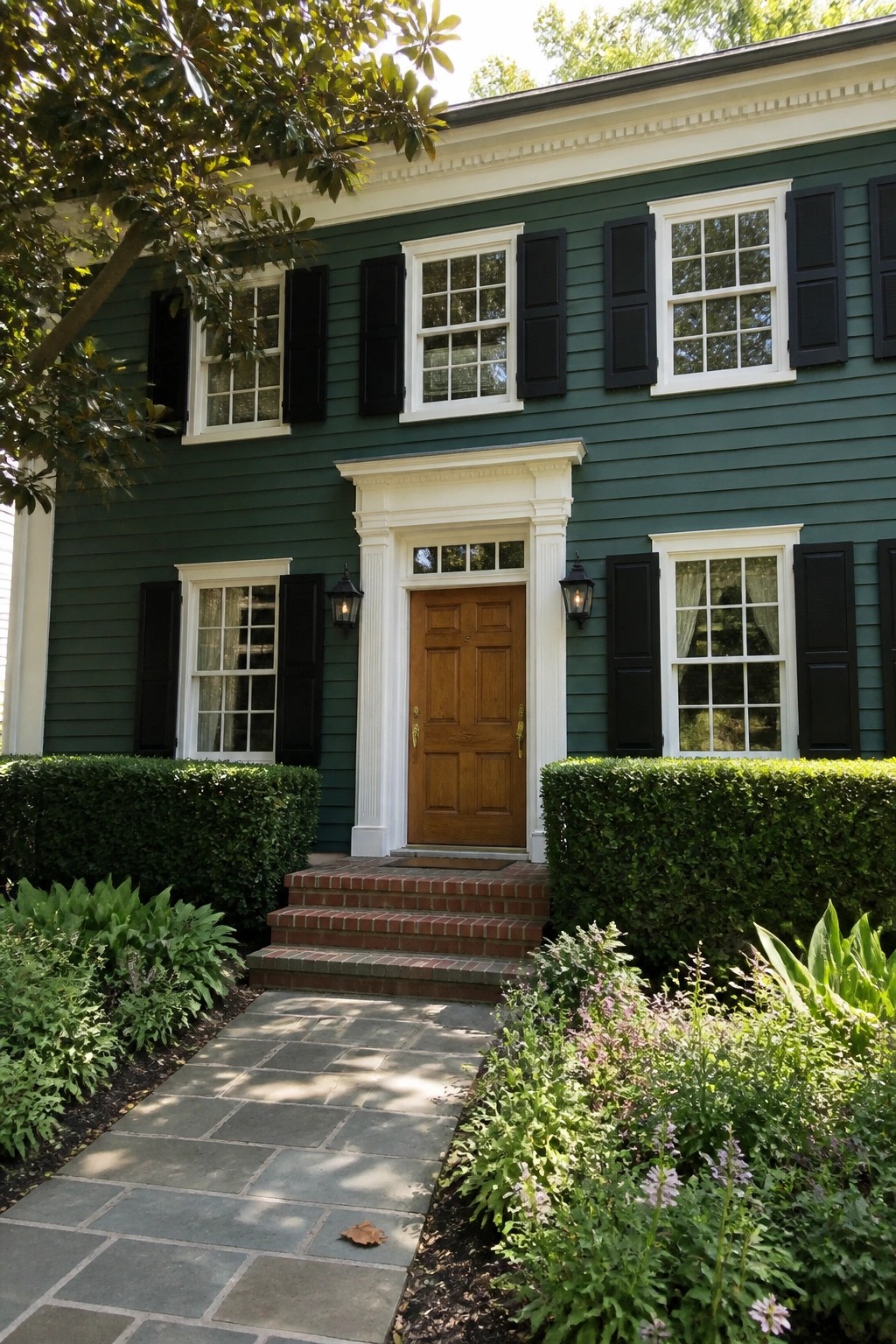 A two-story teal green house with white trim, black shutters, a central natural wood door, brick steps, and a stone walkway lined with green shrubs.
