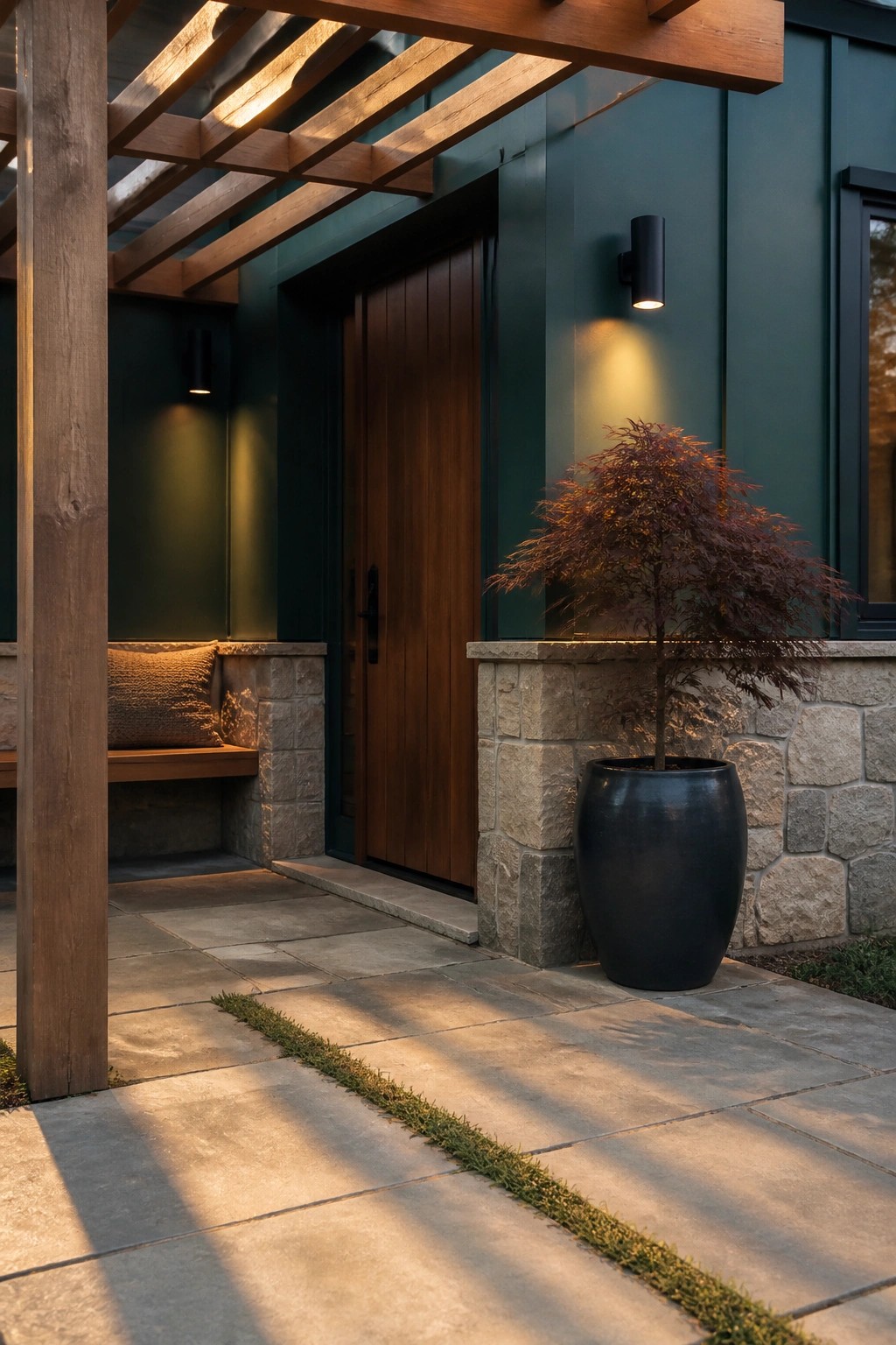 A teal green house exterior with a vertical wood front door, stone accents, a black planter with a small tree, and a wooden pergola overhead.