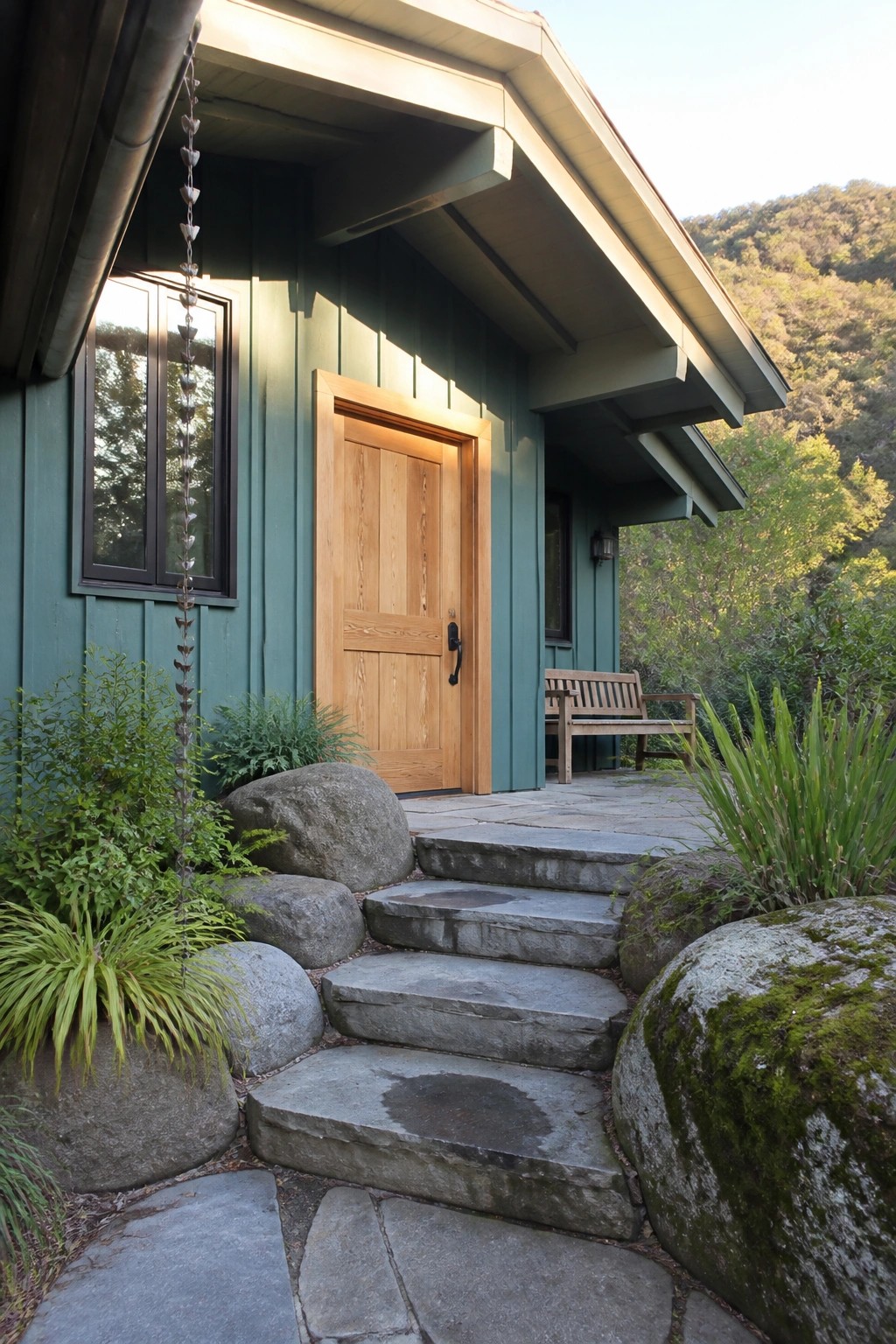 A teal green house exterior with vertical siding, a centered natural wood front door, stone steps, large rocks, and green plants along the path.