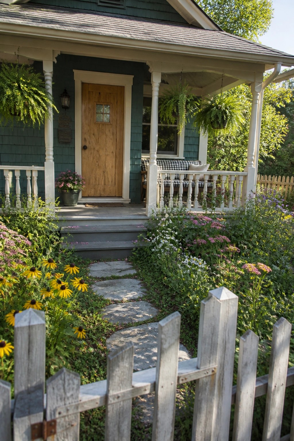 Charming green cottage porch with wooden door, hanging ferns, and flower-lined stone path.