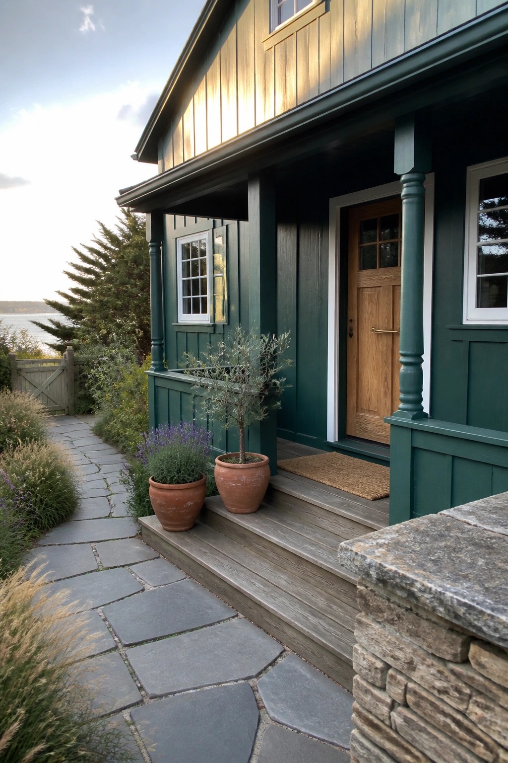 A teal green house exterior with a natural wood front door, wooden steps, two terracotta pots on the landing, and a stone pathway leading to the entrance.