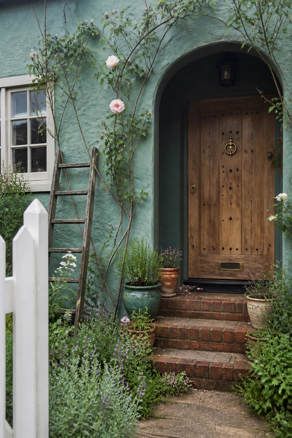 A teal green house exterior with an arched entry featuring a natural wood front door, brick steps, potted plants, and climbing roses on the wall.