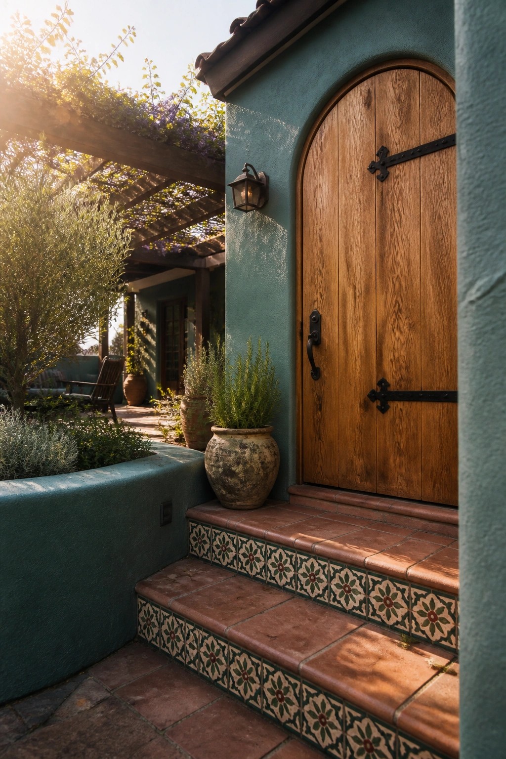 A teal stucco house exterior with an arched natural wood front door, black hardware, terracotta tiled steps with decorative borders, and a wall lantern beside the door.