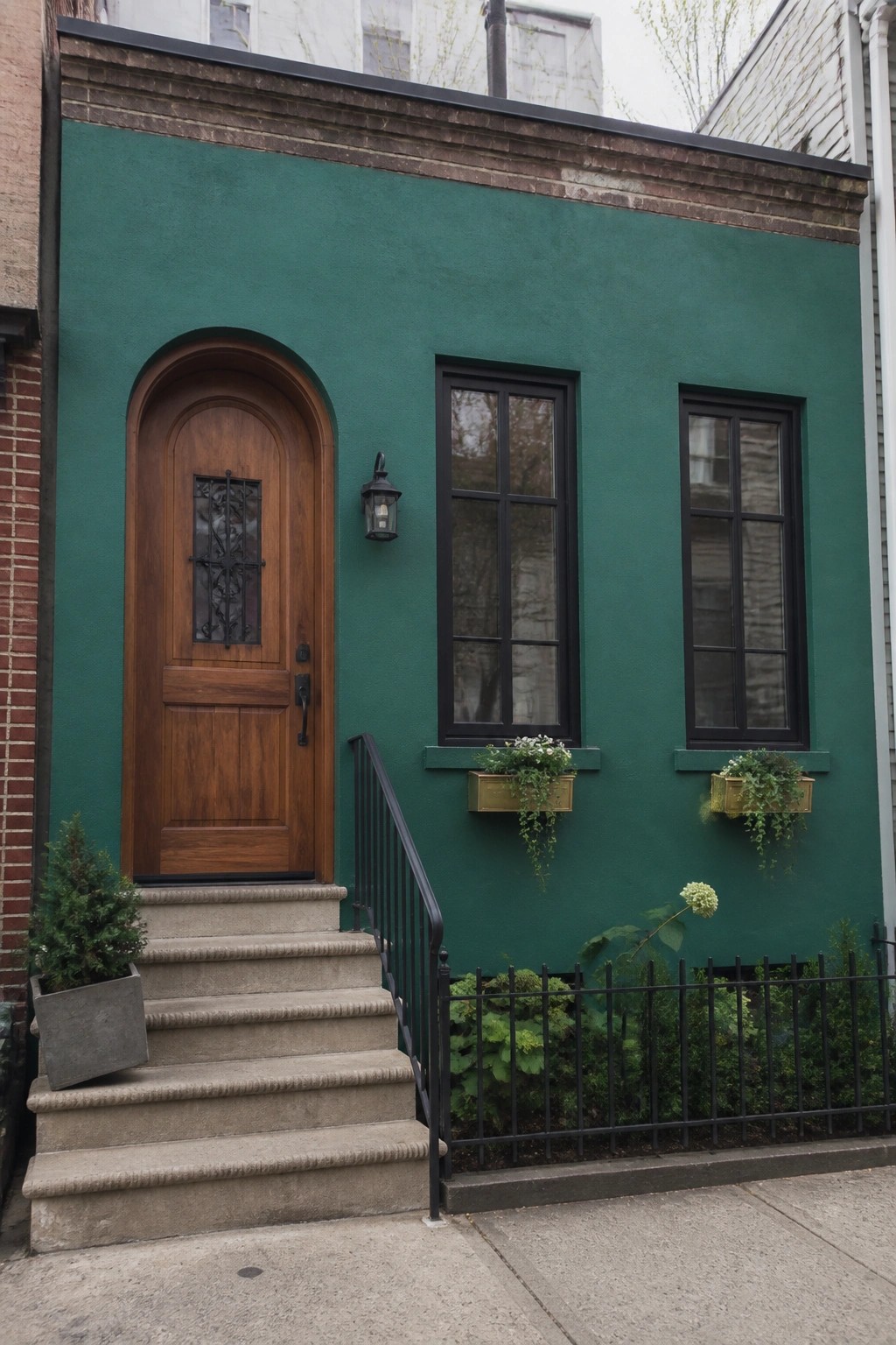 Green building with arched wooden door, black windows, stone steps, and flower boxes.