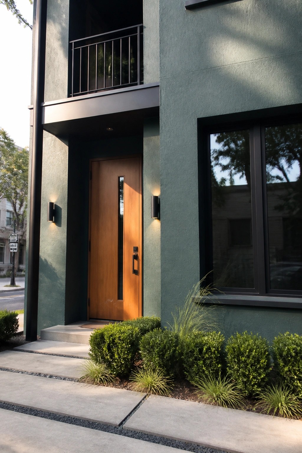 A teal green stucco house exterior featuring a natural wood front door with a vertical glass panel, flanked by wall sconces, concrete steps, and low green shrubs.