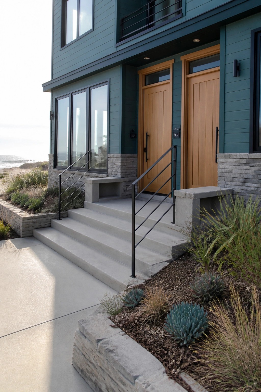 Teal green house exterior with two natural wood front doors, concrete steps, and black railings.