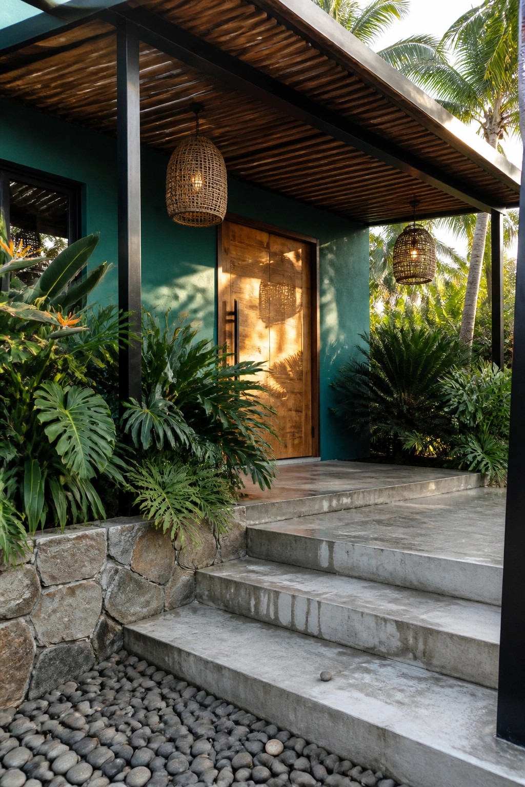 Teal-walled tropical entrance with wooden door, woven lights, and concrete steps